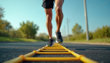 Athlete does agility ladder drills in outdoor park. Person trains legs during workout for sport activity. Fitness concept shows strength balance speed coordination training.