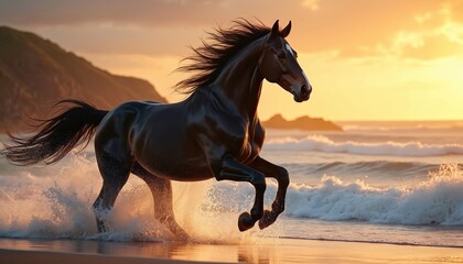 Fototapeta premium Horse gallops on beach at sunset. Waves crash in sea. Powerful black stallion runs through water spray. Animal enjoys freedom, energy and sunlight at ocean shore.