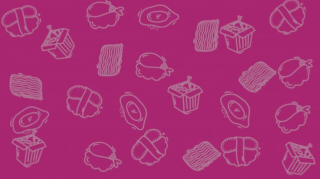Pink background with doodle sushi drawings suitable for food or asian cuisine designs. Perfect for menus, restaurant branding, and social media posts.