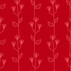 Elegant seamless pattern with delicate pink floral branches and leaves on a deep red background, perfect for sophisticated and nature-inspired designs.