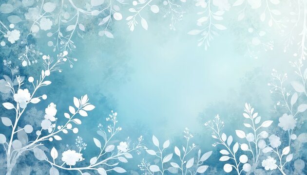 White botanical silhouettes on blue watercolor. Delicate branches leaves and blooms create serene ethereal ambiance. Soft natural background.