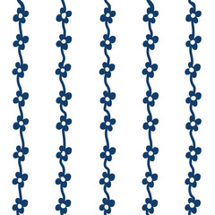 Elegant vertical repeating pattern of small blue flowers connected by wavy vines on a clean white background, seamless floral design for textiles and decor.