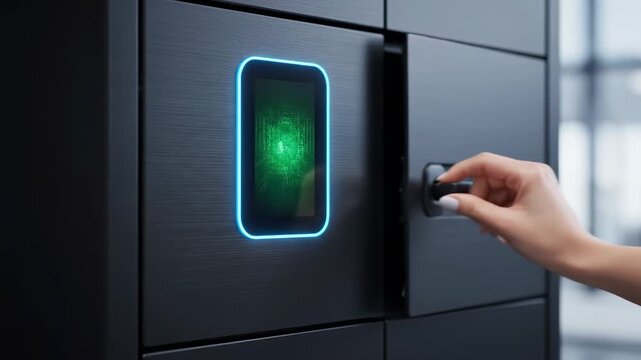 Modern Smart Locker System - Secure Package Retrieval with Touchscreen Interface and Automated Access.