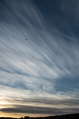 Nordic sky with airplane over forest
