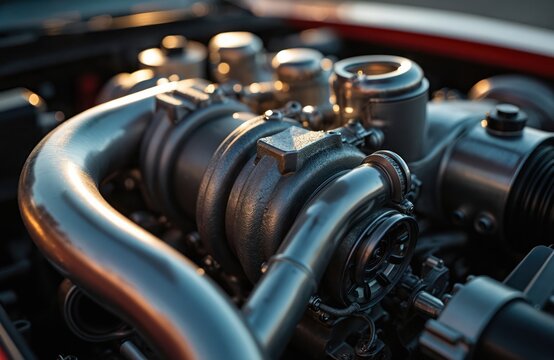 Close-up of turbocharger parts within powerful car engine. Shiny metal pipes connect complex engine components. Turbo unit sits inside automotive machine.