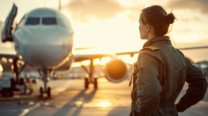 Sunset Maintenance: Dedicated Female Aircraft Technician Inspecting Commercial Jet Engine