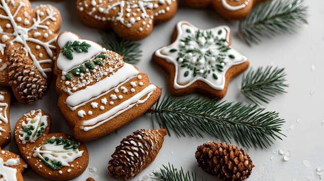 Homemade gingerbread icing cookies on white background for Christmas and New Year festivities Top view with space for text