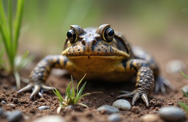Fototapeta premium A Canadian toad sits on the soil in its natural habitat. Close up of wild amphibian with big eyes looking at camera. This small creature rests on the ground near green grass and small stones outside.