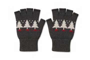 Knitted fingerless gloves in dark grey with white christmas tree pattern and red touches, for winter warmth and comfort