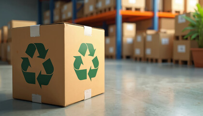 Close up of cardboard box with recycle logo. Warehouse setting shows sustainable practices. Modern industry prioritizes eco friendly shipping. Company aims for efficient, responsible packaging. Green