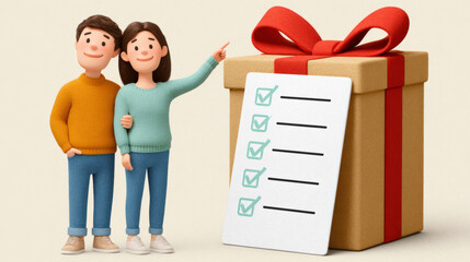 Christmas gift boxes with two people and checklist for holiday planning and celebration