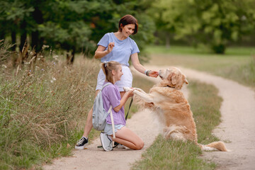 Fototapeta premium Mom, Daughter, And Golden Retriever On A Summer Walk