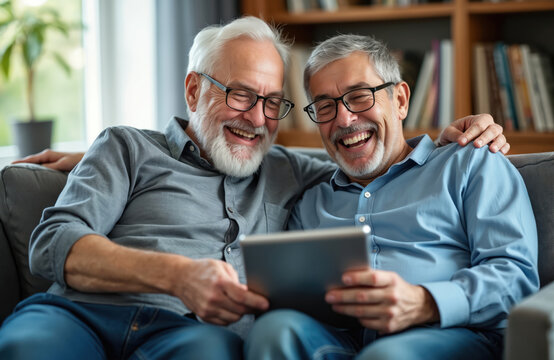 Happy white bearded senior man, grey bearded adult son sit close on comfy living room sofa. Look at digital tablet, both laughing, smiling broadly. Enjoy online video, share fun family moments,