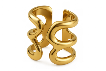 Gold abstract ear cuff featuring a modern sculptural wavy design, elegant fashion accessory, transparent background isolated