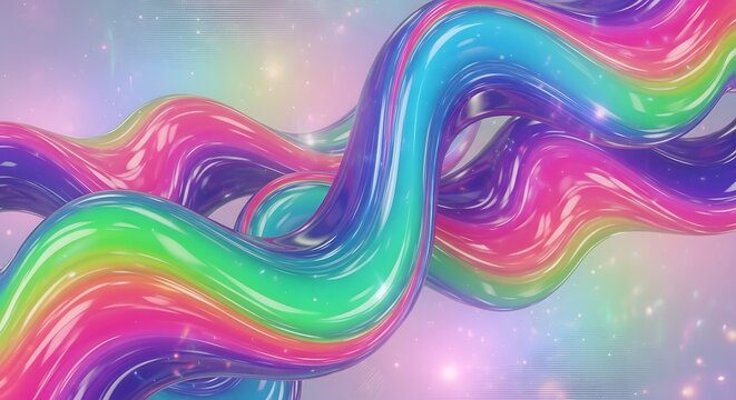 A vibrant rainbow colored fluid swirling on a pastel background