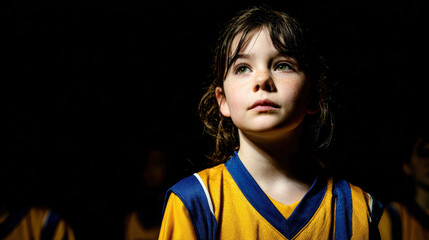 Young girl wearing a yellow basketball jersey looking upwards with a focused expression in a dark indoor sports environment with teammates blurred in the background.