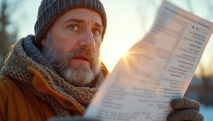 Man wearing winter clothes looks shocked at high energy bill. Sun shines brightly behind him, casting warm light on cold day. He worries about home heating costs and financial burden.