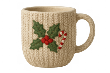 Knit pattern mug with holly and candy cane decoration, representing holiday cheer and cozy winter warmth