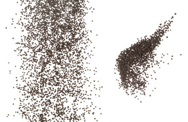 Fertilizer brown chemical accelerate growth fly fall explosion, many tiny ball fertilizer for planting float throw in mid air. White background isolated high speed freeze motion