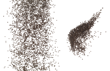 Fertilizer brown chemical accelerate growth fly fall explosion, many tiny ball fertilizer for planting float throw in mid air. White background isolated high speed freeze motion