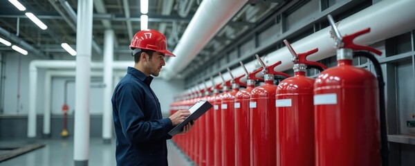 Worker in hard hat inspects row of red fire extinguishers in industrial facility. Technician checks safety equipment list, ensuring fire preparedness. Maintenance staff reviews apparatus in building