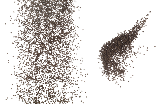 Fertilizer brown chemical accelerate growth fly fall explosion, many tiny ball fertilizer for planting float throw in mid air. White background isolated high speed freeze motion