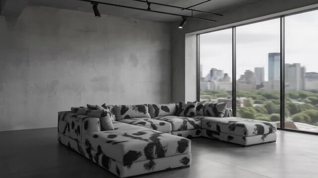Room with a cityscape view features a patterned sectional sofa