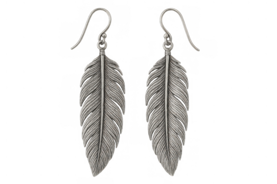 Silver feather earrings showcasing bohemian style, featuring intricate metal work, a trendy fashion accessory for women - Powered by Adobe