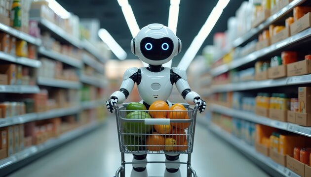 A white humanoid robot with blue glowing eyes pushes a shopping cart filled with fruits down a supermarket aisle. Shelves stocked with products line both sides of the store.