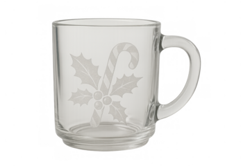 Glass mug with etched candy cane and holly design, festive christmas drinkware on transparent background