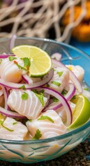 Fresh Belizean Snapper Ceviche in Sea Glass Bowl with Fishing Net & Coral Background