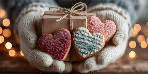 Hands holding gift box and heart cookies on a christmas background, giving love and generosity to loved ones.
