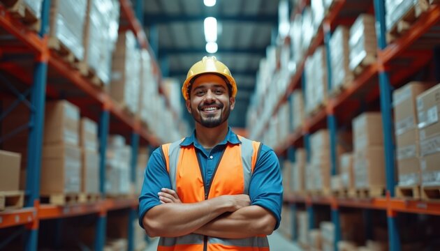 Smiling Latino man in warehouse stands with crossed arms. Worker wears safety vest hard hat. He is in warehouse storage aisle filled with boxes.