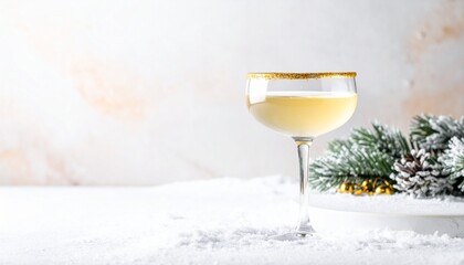 白く雪のようなマット質感の背景に、金縁のシャンパンカップが静かに置かれています。
柔らかなグリッターの輝きが漂い、上品で贅沢な冬の雰囲気を演出。