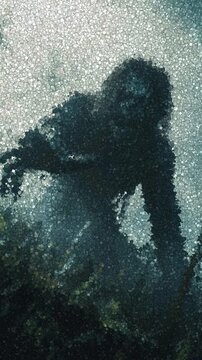 Skeletal Creature with Long Hair and Decayed Skin Crawling Through Foggy Overgrown Forest with Mouth Open and Arm Extended, Animation Made of Cubes