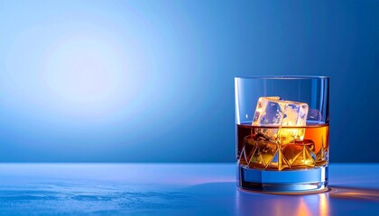 霜のような淡いブルーグラデーション背景に、右下へ配置されたウイスキーグラスと氷。
キャンドルのような柔らかい光が琥珀色を際立たせ、静かな夜の雰囲気を演出。