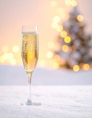 雪のように白い背景に、ひとつのシャンパングラスが立ち、細かな泡が上昇します。
温かいゴールデンのボケが冬の雰囲気と祝福ムードを演出。