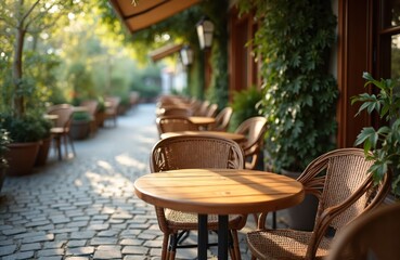 Obraz premium Outdoor street cafe tables and chairs are ready for clients. Cozy empty restaurant terrace on summer day. Urban cityscape in old town. Food catering business with furniture.