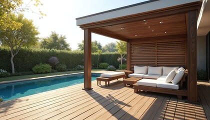 Fototapeta premium Modern wooden deck with pergola, outdoor sofa by poolside. Rich green garden with manicured hedge, trees frames luxurious backyard living space. Perfect for relaxation, entertaining, summer leisure.
