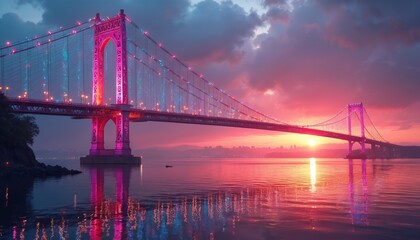 Obraz premium Large suspension bridge lit with pink, blue lights crosses calm water at sunset. City skyline visible on distant horizon. Reflection of lights shimmers on water surface. Small boat sails on tranquil