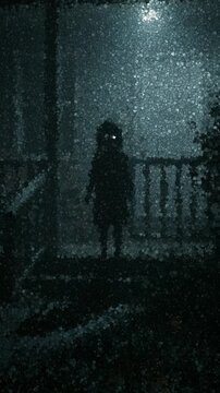 Child Silhouette with Glowing Eyes Standing on Porch of Dark House Lit by Single Overhead Light in Nighttime Scene, Animation Made of Cubes