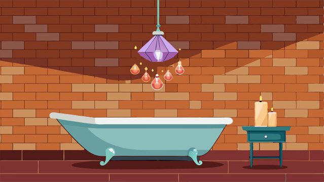 A bathroom with a clawfoot tub exposed brick walls and a sparkling crystal chandelier.