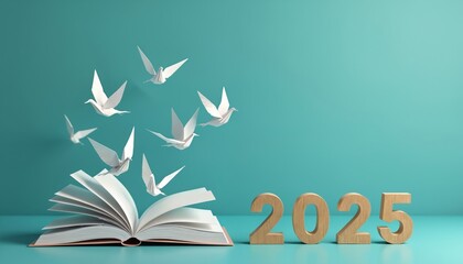 Open book with pages fluttering, white origami birds fly away. Wooden numbers 2025 stand on blue studio background. Image future goals, fresh ideas, freedom, success, new beginnings, vision, planning