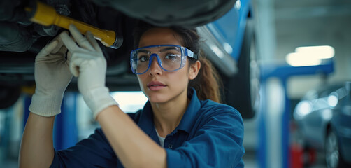 Hispanic female mechanic in safety glasses works on vehicle undercarriage in auto service shop. Woman uses tool to fix car part with concentration. Career in auto repair.