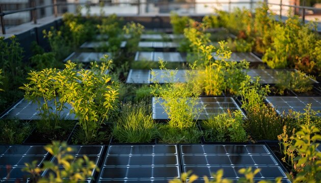 Lush green plants growing around solar panels on a modern rooftop, illustrating the concept of sustainable energy and green urban infrastructure