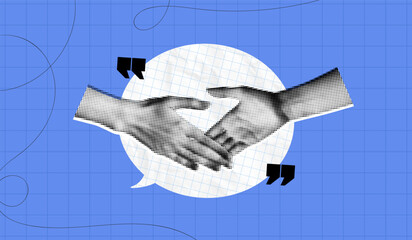 Trendy Halftone Collage Human Hands Shaking. Concept of business, success, teamwork. Deal agreement. Partners work together. Paper speech bubble message. Contemporary vector illustration art