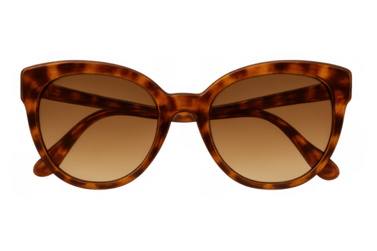 Tortoiseshell cat-eye sunglasses with brown gradient lenses for sun protection and fashion accessory on transparent background