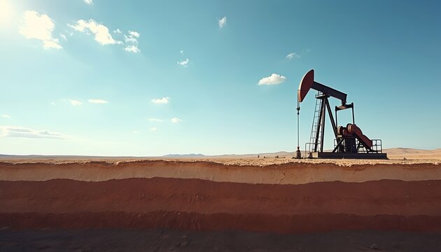 Oil pumpjack operates in arid desert landscape. Ground shows detailed geological cross section with distinct earth layers, revealing ancient strata. Industrial machinery extracts natural resources,