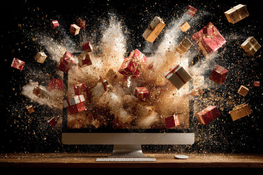 Wrapped Gift Boxes Flying from Computer Monitor Screen against Black Background