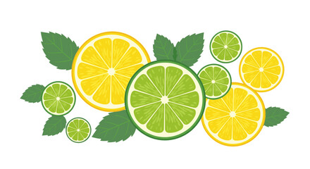 Fresh Citrus Slices of Lemon and Lime with Mint Leaves Isolated on White Background